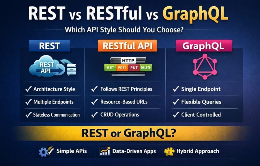 REST vs RESTful vs GraphQL API comparison showing architecture, endpoints, and use cases