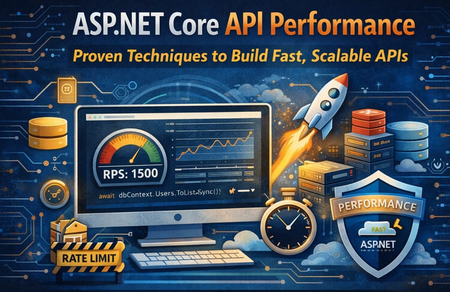 ASP.NET Core API performance optimization showing fast, scalable APIs with caching, rate limiting, and async processing