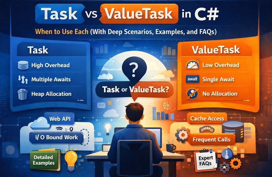 Task vs ValueTask in C# explained with deep scenarios, examples, performance differences, and FAQs
