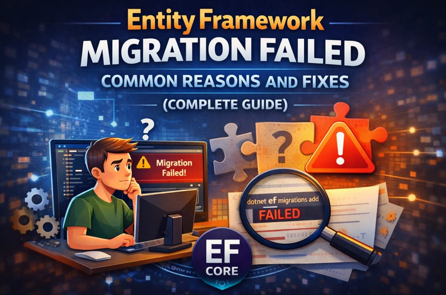 Entity Framework Core migration failed error showing common reasons and fixes with dotnet ef migrations and database update issues