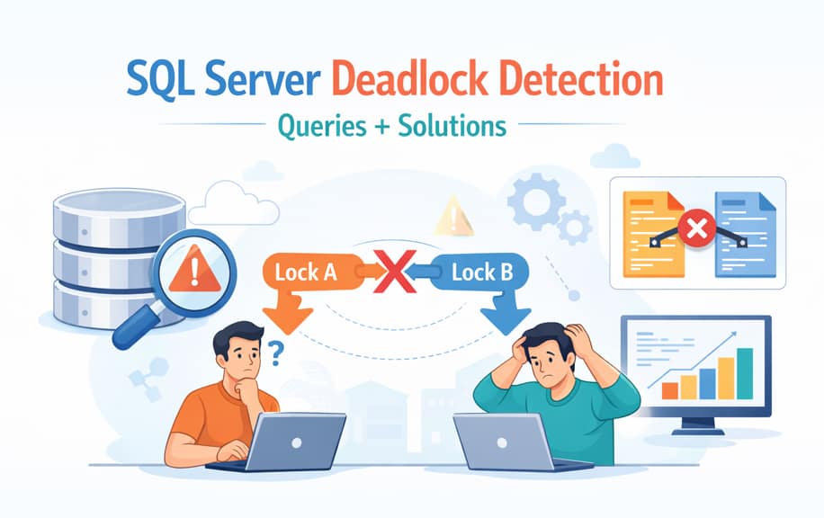 SQL Server deadlock detection query diagram showing blocking sessions and lock conflict