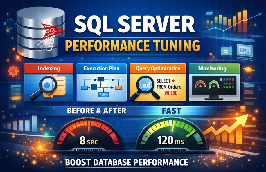 SQL Server performance tuning illustration showing indexing, execution plan, query optimization and database speed improvement